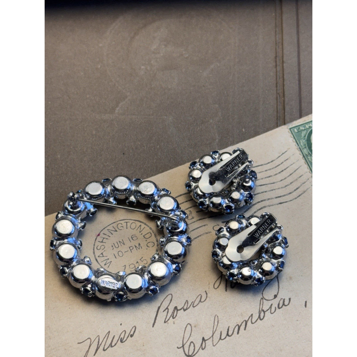 Vintage Warner Blue Rhinestone Brooch Clip On Earrings Set Signed 1.75”