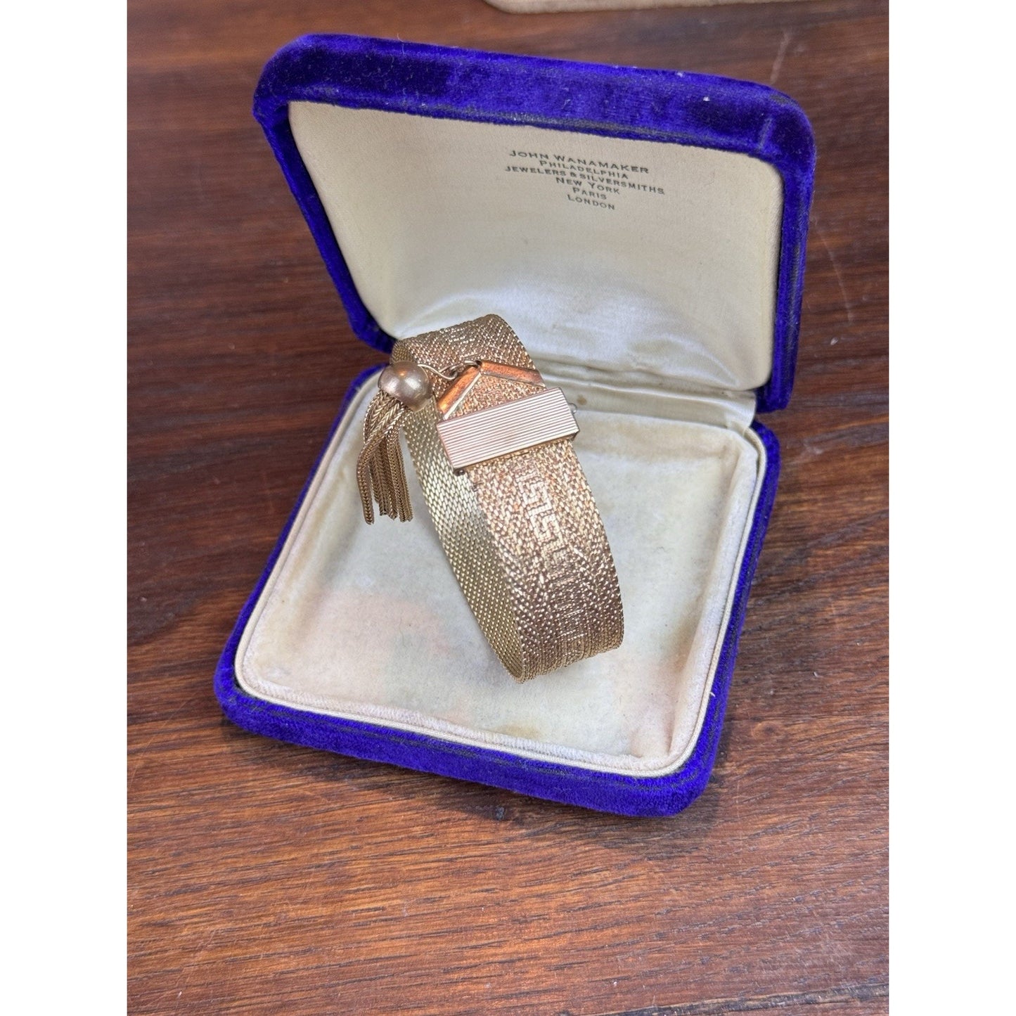 Goldtone Greek Key Bracelet Mesh Belt Tassel Adjustable 7”+ VINTAGE