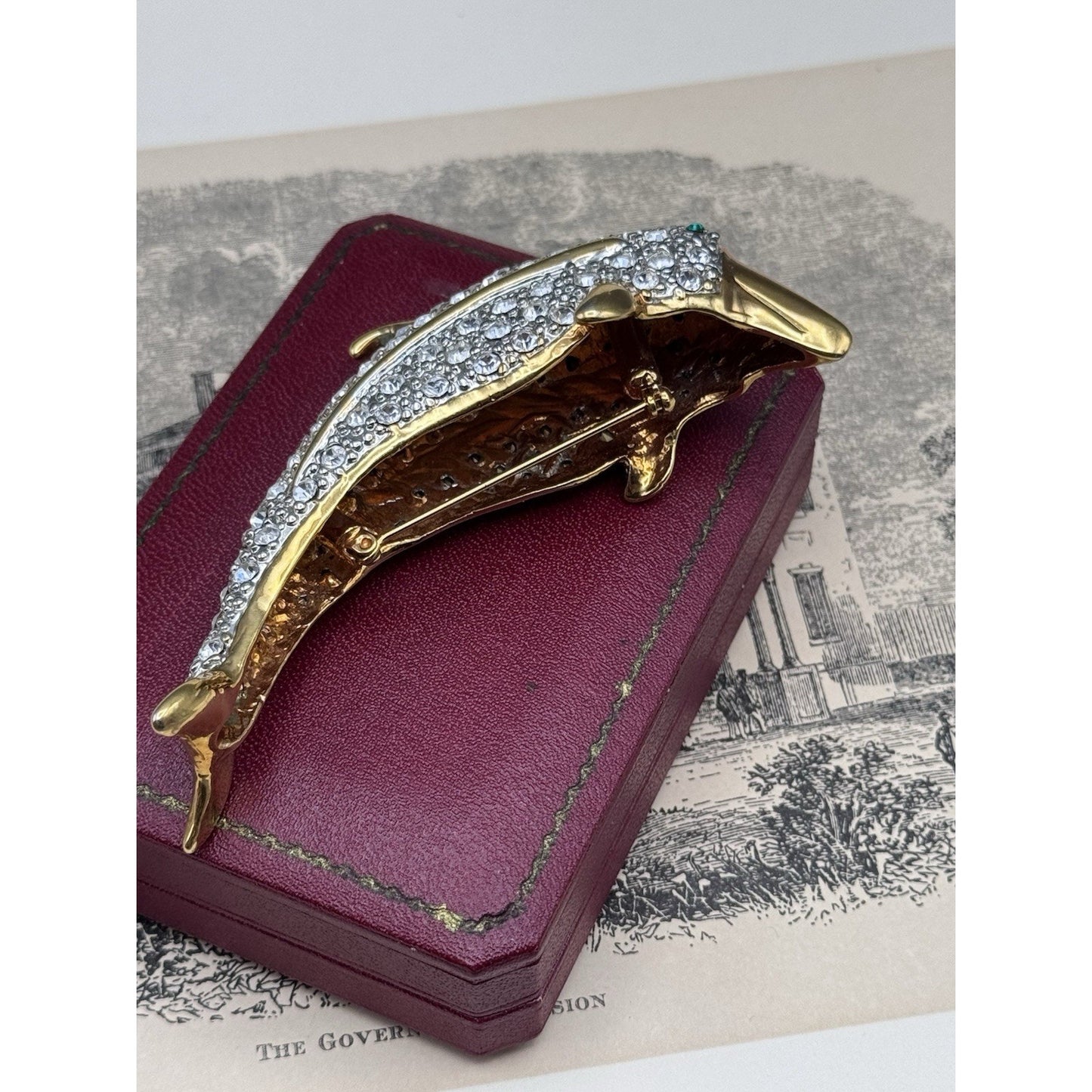 Shoulder Brooch Dolphin Rhinestone Goldtone Pavé Crystal Figural 3.75” VINTAGE