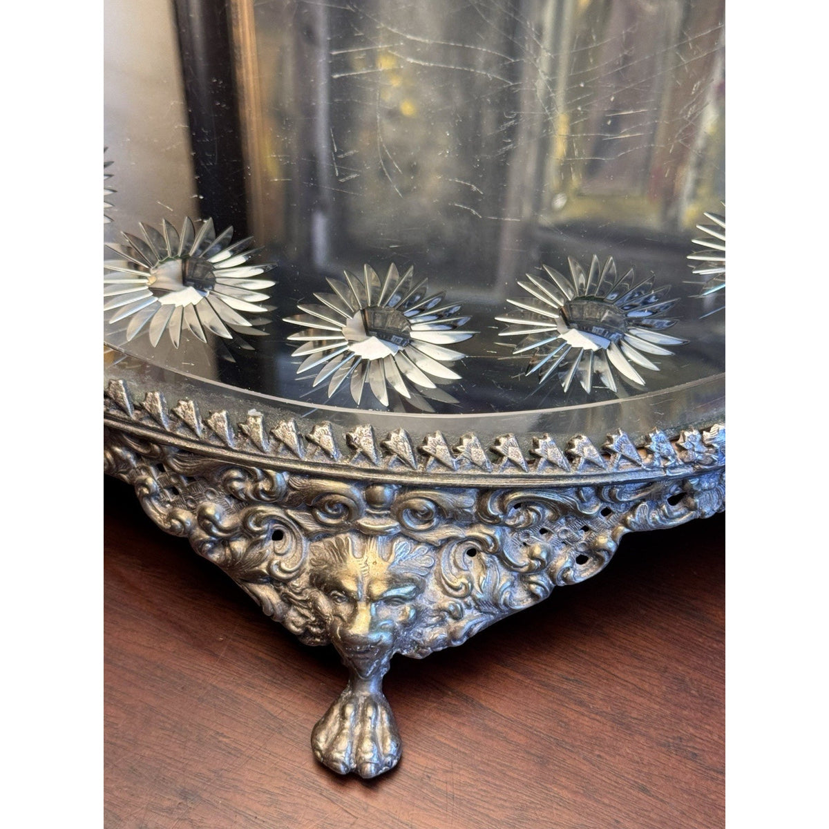 Mirror Plateau Ornate Silvertone Lion Head Paws Beveled Round Top SCRATCHED