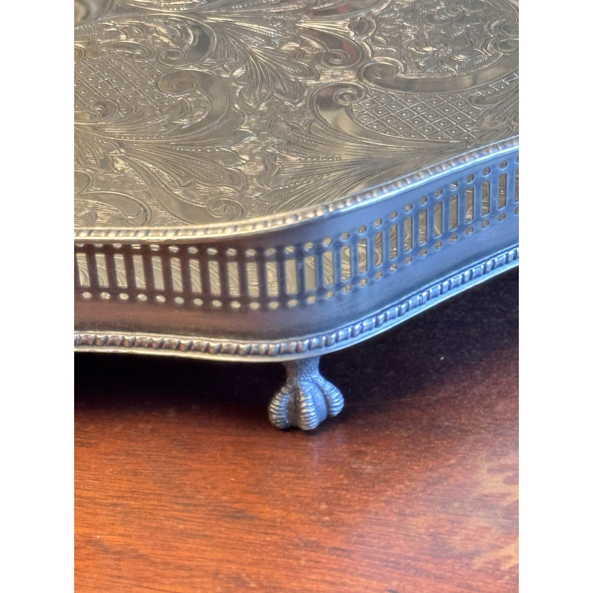 Silverplate Gallery Tray SHEFFIELD Serpentine Reticulated Chased Footed 18”