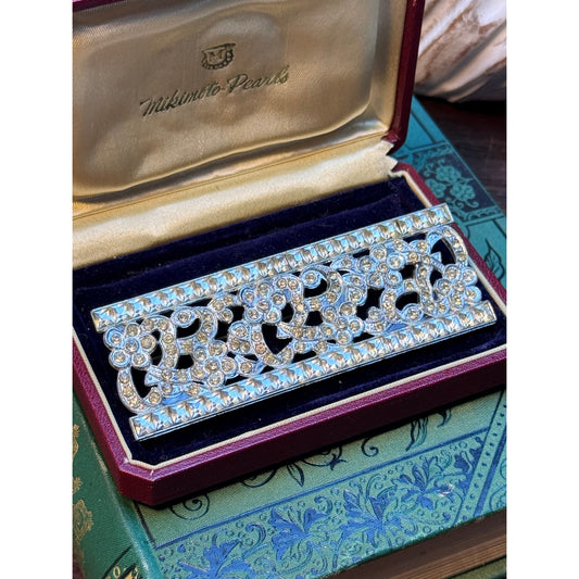 Vintage Blue Rhinestone Brooch Floral Ribbon Bow Statement