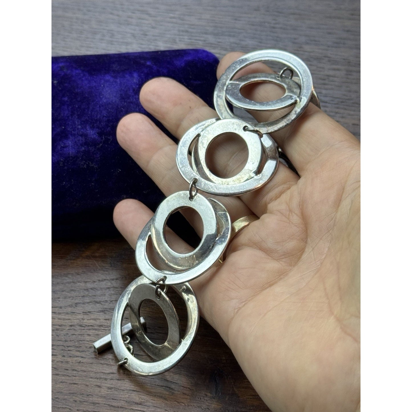 Sterling Silver Modernist Bracelet 6.25” Sculptural Circle Links Toggle 61.2g