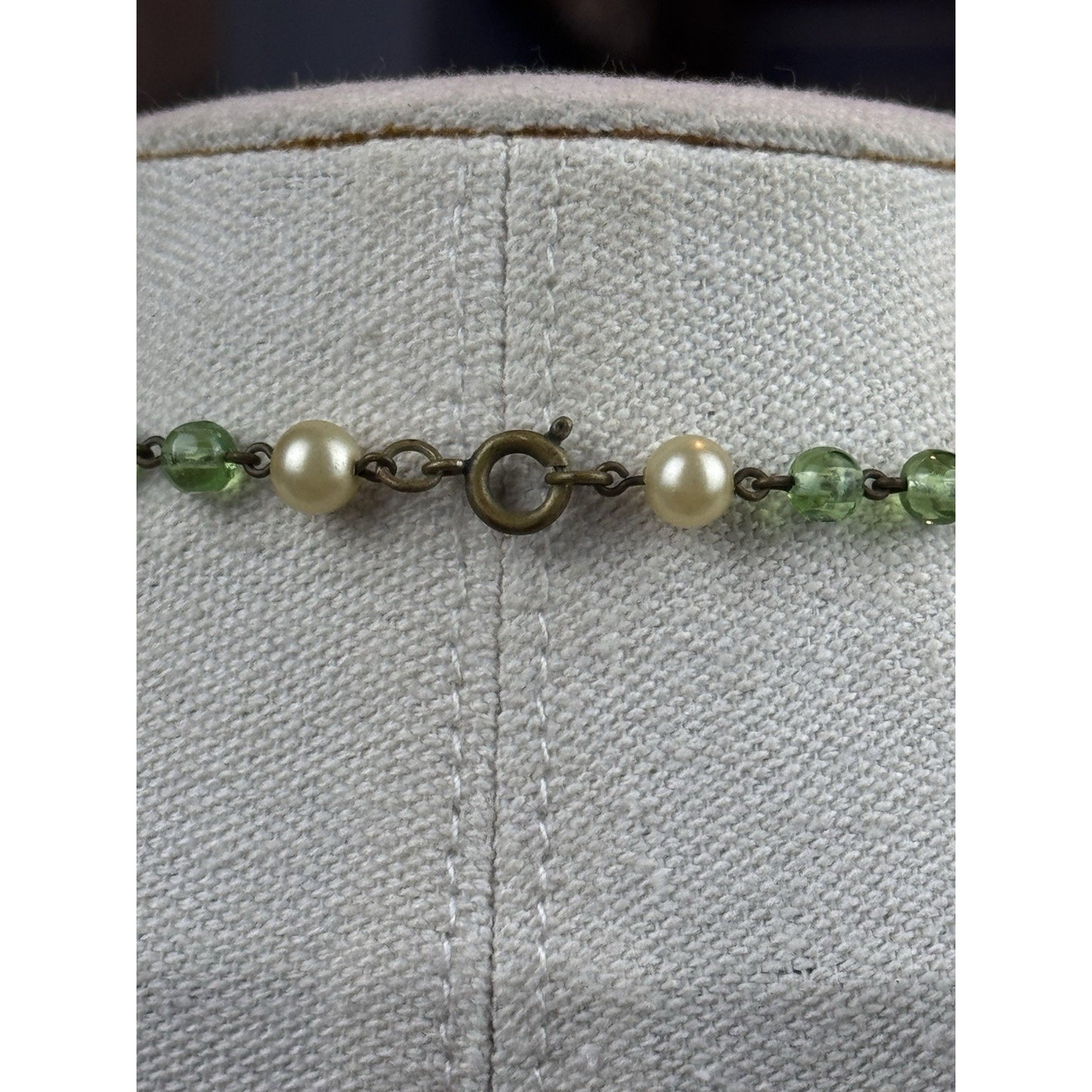 Vintage Czech Style Glass Necklace Green Crystal Faux Pearl Lavalier 17”