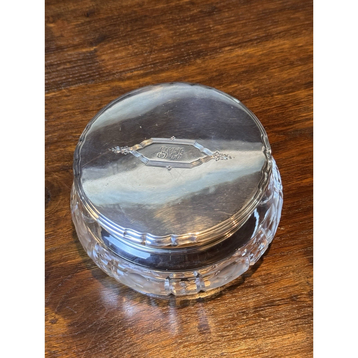 Art Deco Antique Crystal Jewelry Box Sterling Silver Lid Vanity 5.5”
