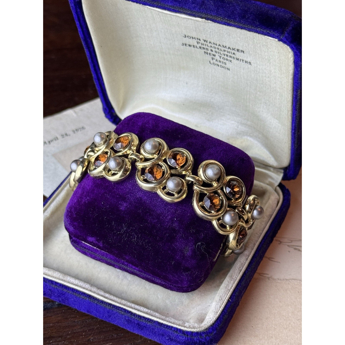 Trifari Bracelet Faux Pearl Brown Rhinestone Goldtone Signed 6.5” Vintage