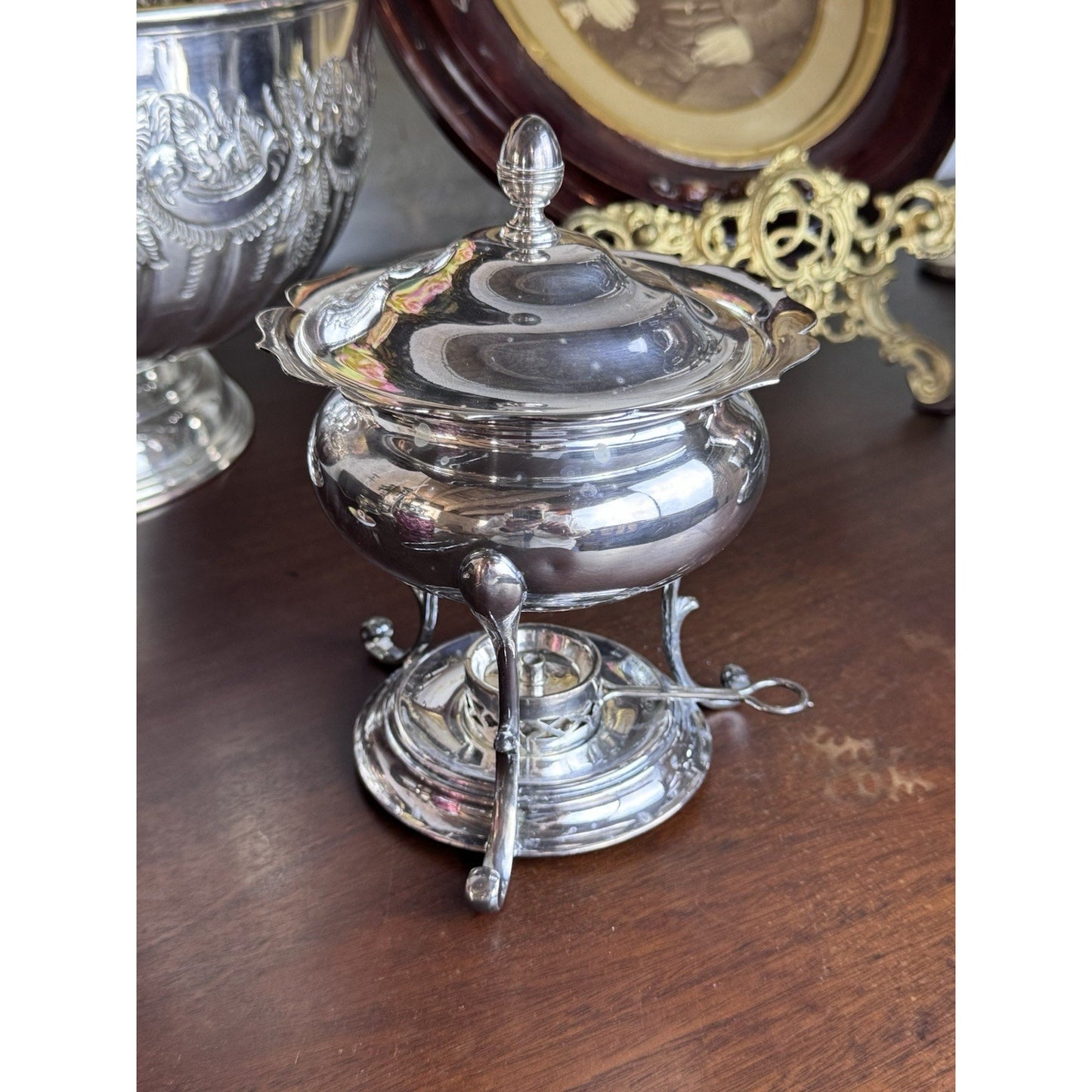 James Dixon & Sons English EPNS Silver Plate Egg Coddler Spirit Stove 7” Vintage