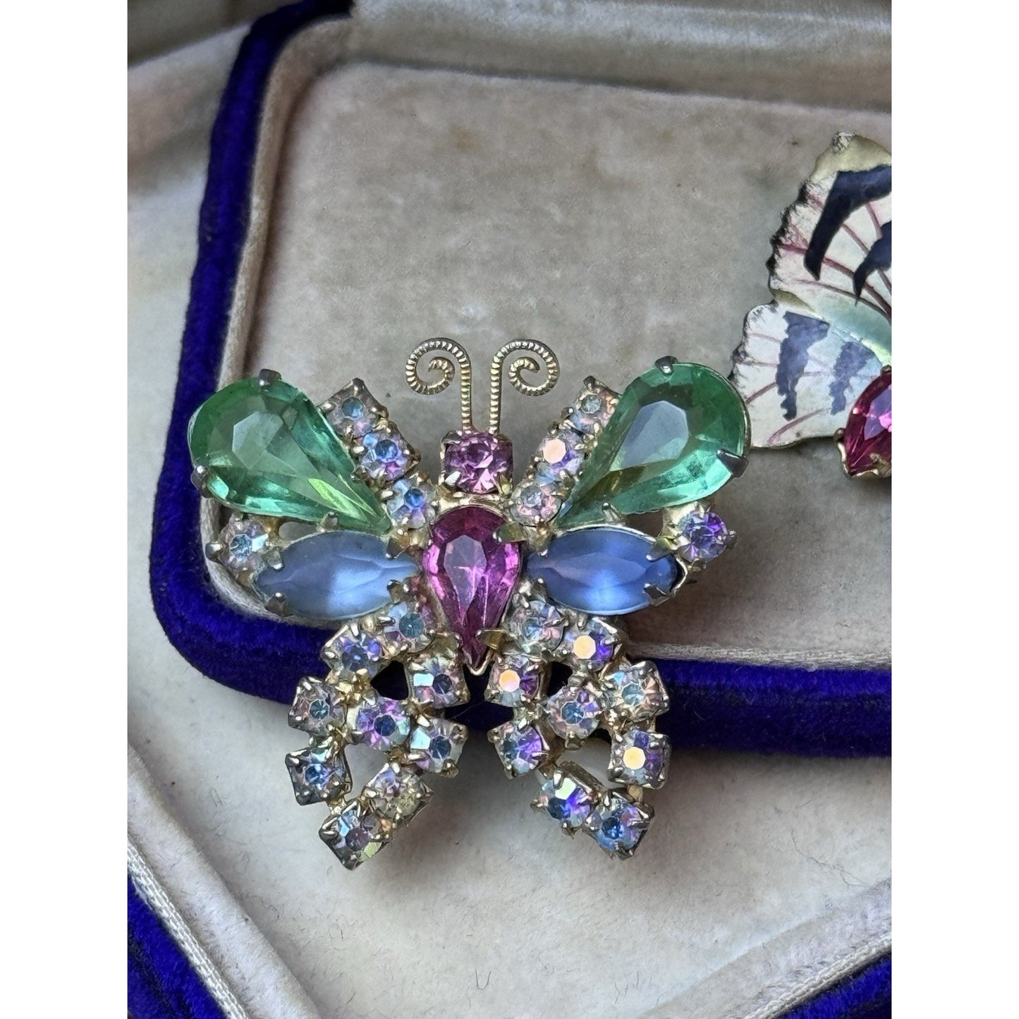 Butterfly Brooch Pair Weiss Rhinestone & Czech Hand Painted Enamel Moth WEAR‼️