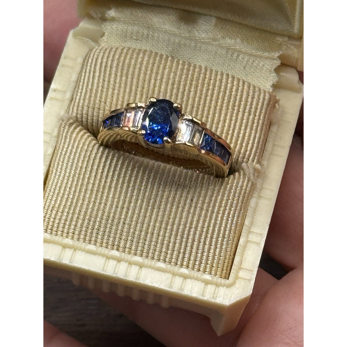 Goldplated Ring Blue Rhinestone Oval Baguette Cocktail Statement Size 7.75
