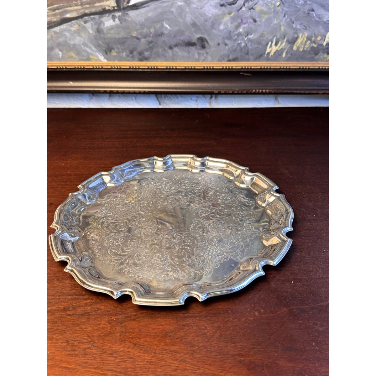 Silverplate Round Tray Towle Ornate Floral Scroll Scalloped Rim