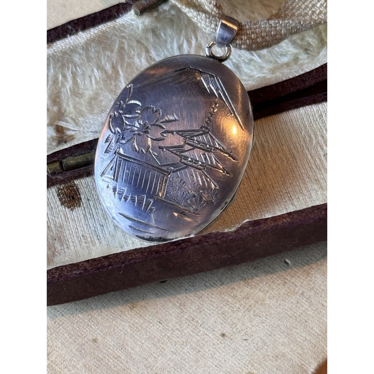 Vintage Silver Locket Pendant Engraved Japanese Pagoda Mountain Scene 1” x .75”
