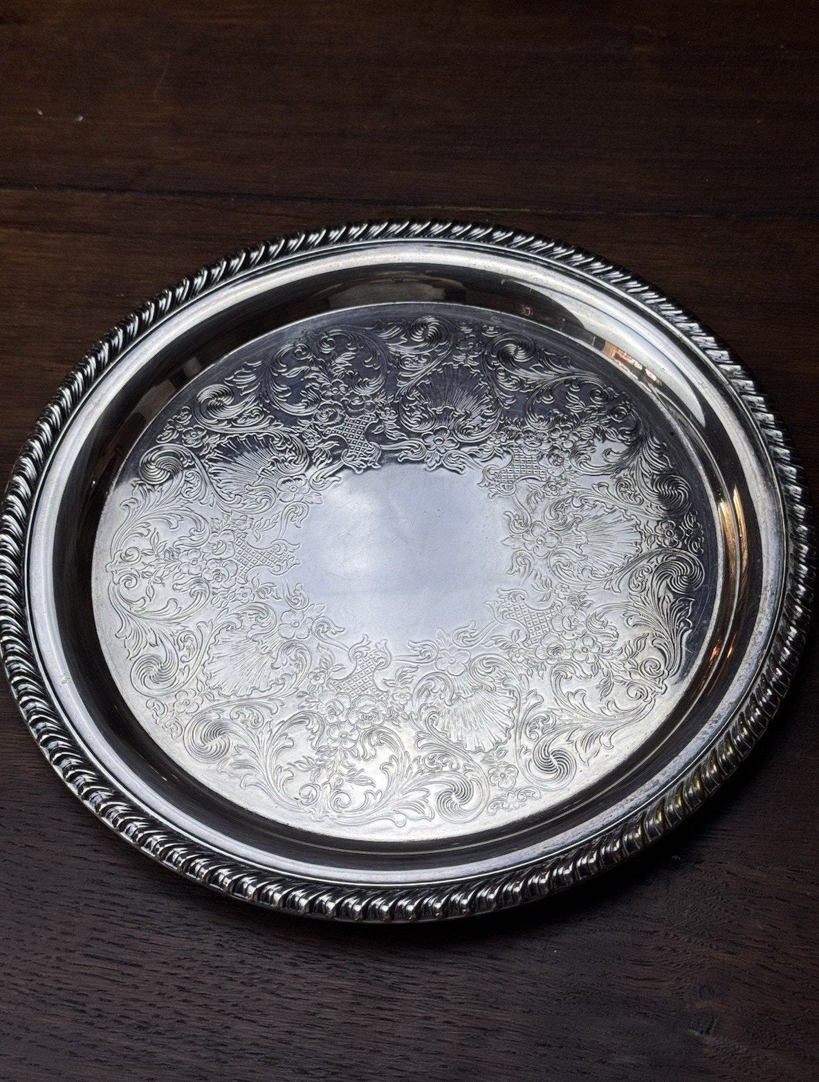Silverplate Round Serving Tray WM Rogers Ornate Floral Rope Edge 10” VINTAGE