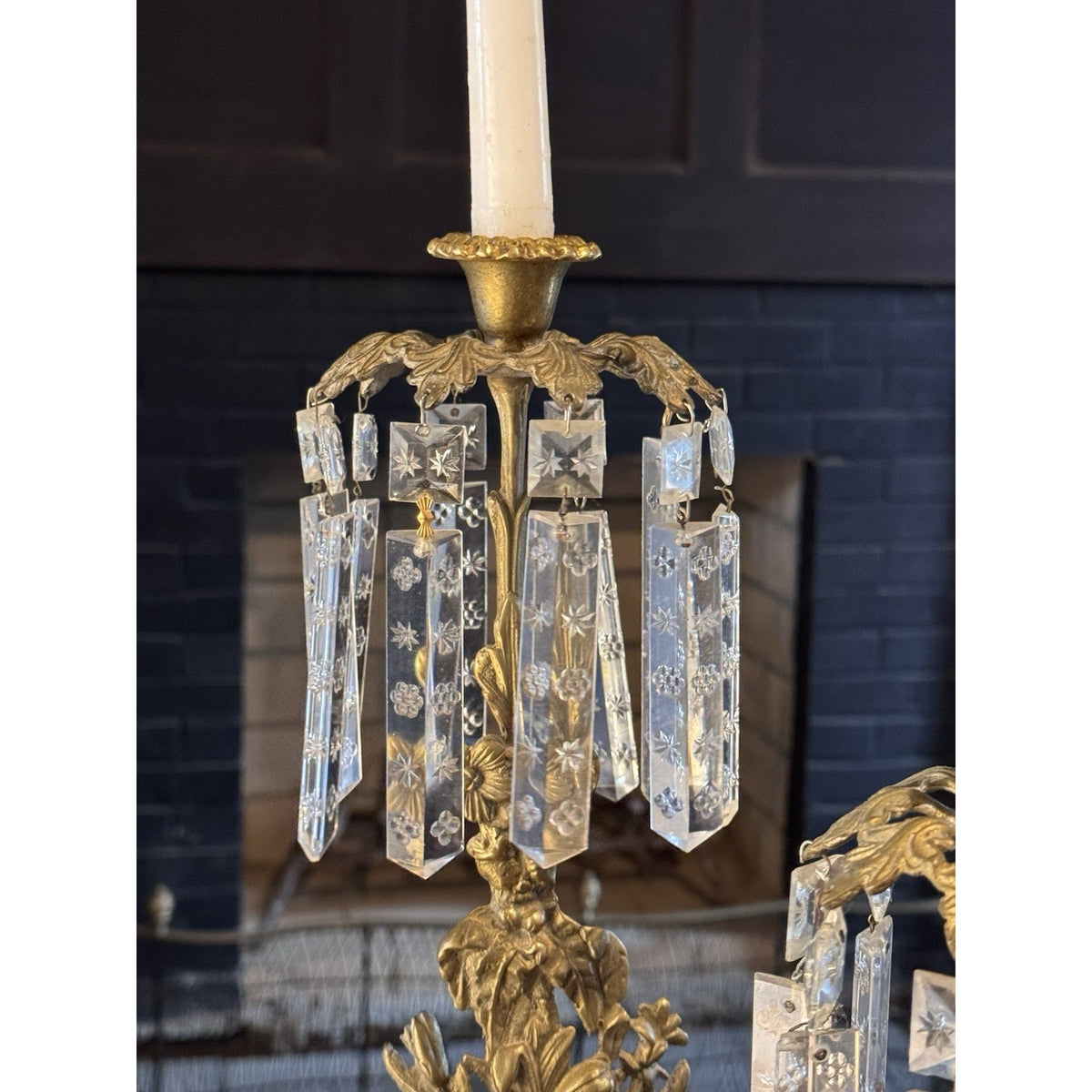 Girandole Candelabra Set Goldtone Floral Marble Crystal Prisms 3 Piece 18” 15.5”
