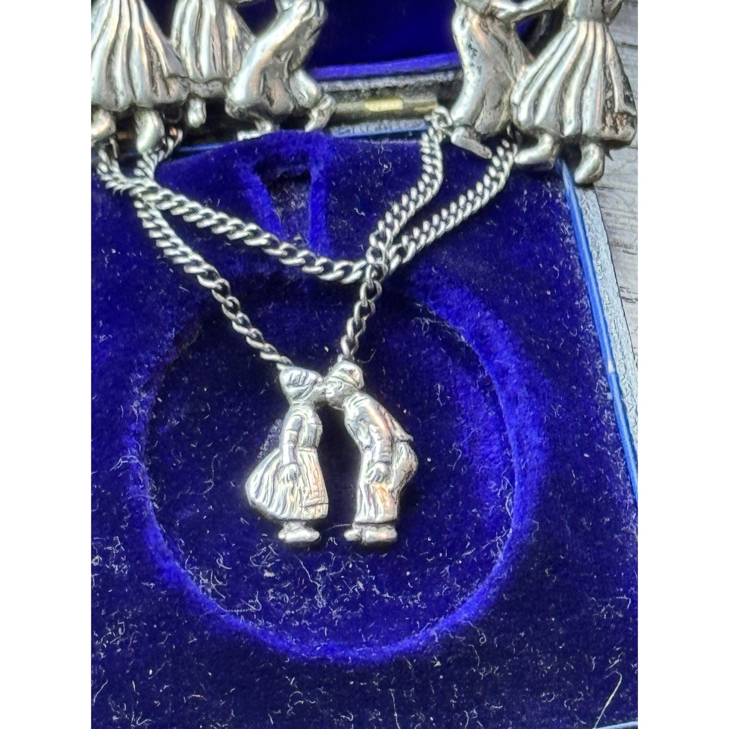 Vintage Dutch Dancers Chatelaine Brooch Silver Kissing Couple 1.38”