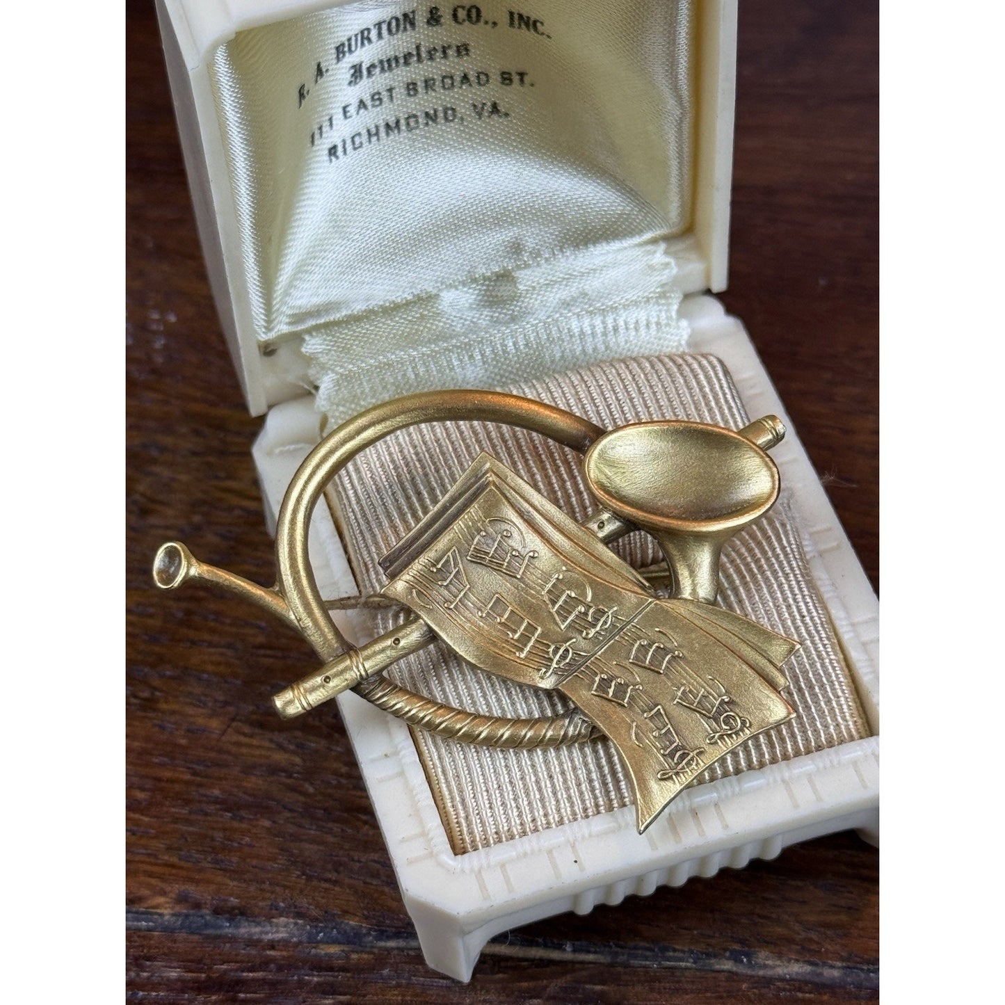 Vintage Brooch Goldtone French Horn Sheet Music Signed Old Salem 2”