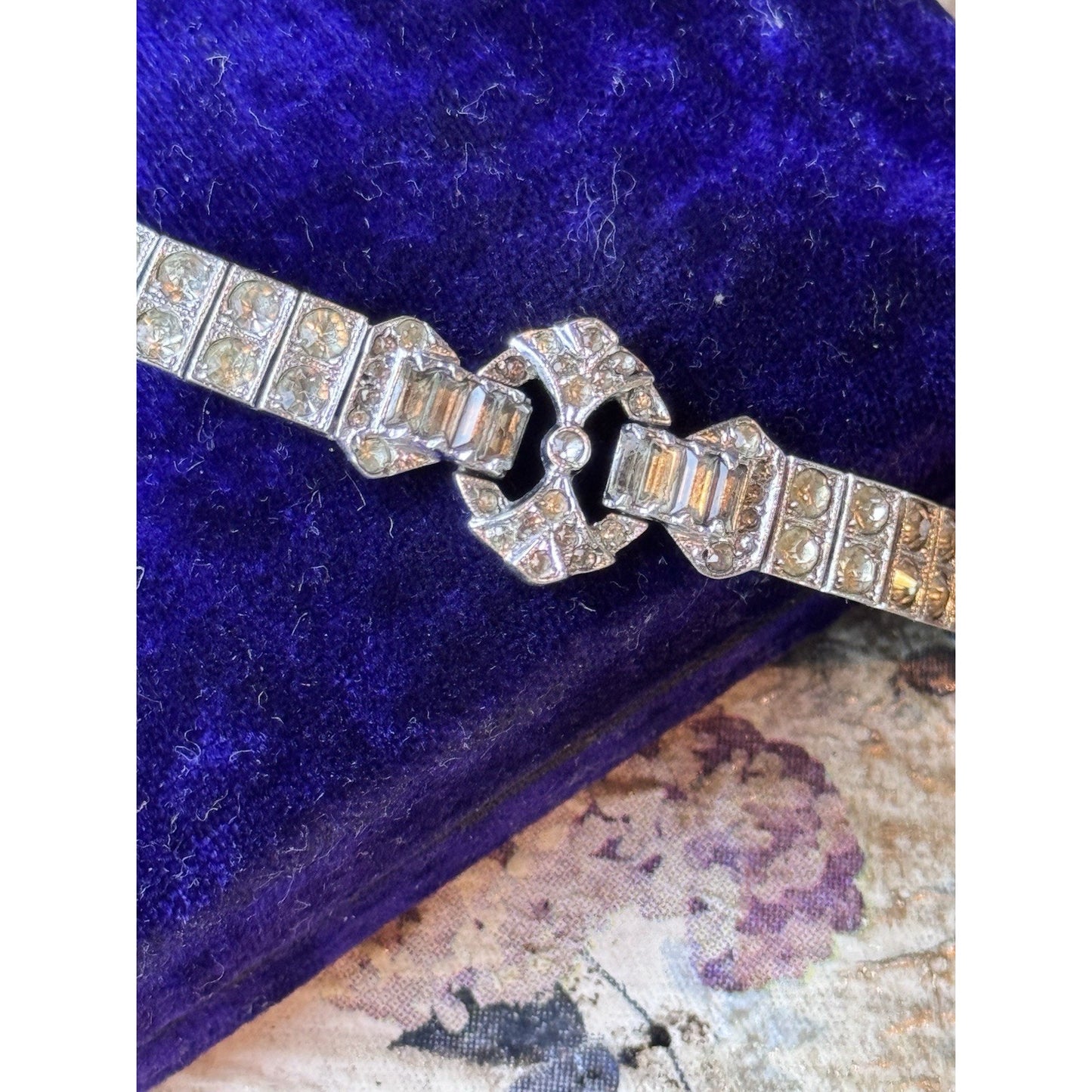 Antique Tennis Bracelet 1920s Sterling Silver Art Deco Rhinestone Patented 6”