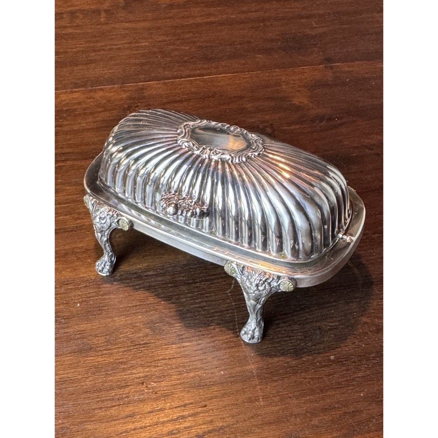 Silverplate Roll Top Butter Dish F B Rogers Silver Co Lion Feet 7.5”