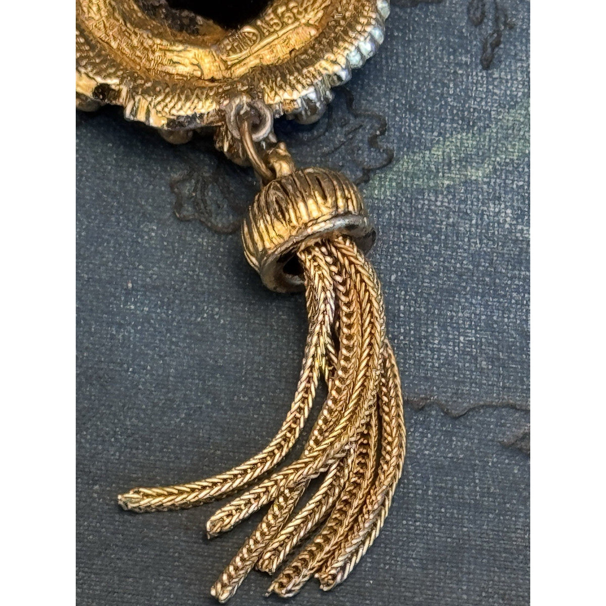 Vintage Brooch Signed SPHINX Black Goldtone Tassel Dangle Statement 3.25”