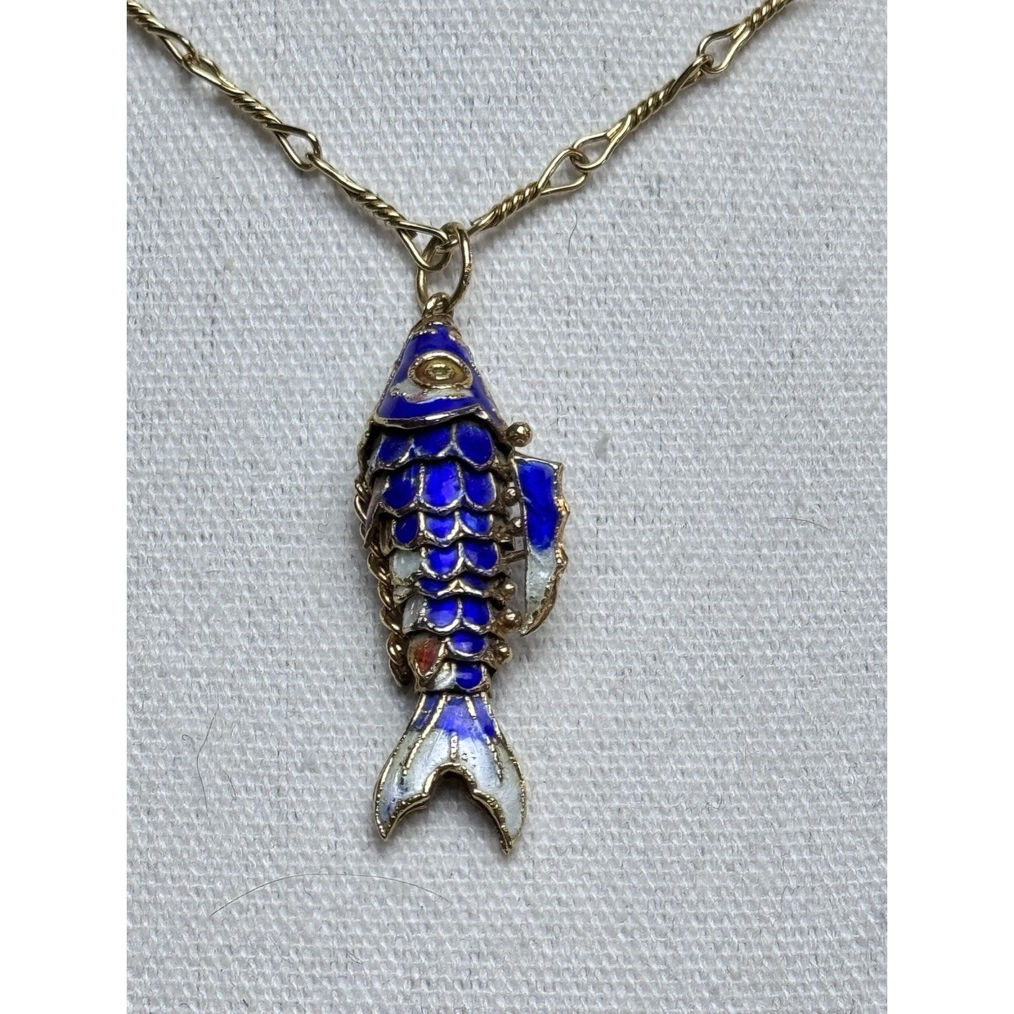 Articulated Koi Fish Pendant Necklace Blue Enamel Goldtone 28” Monet Chain