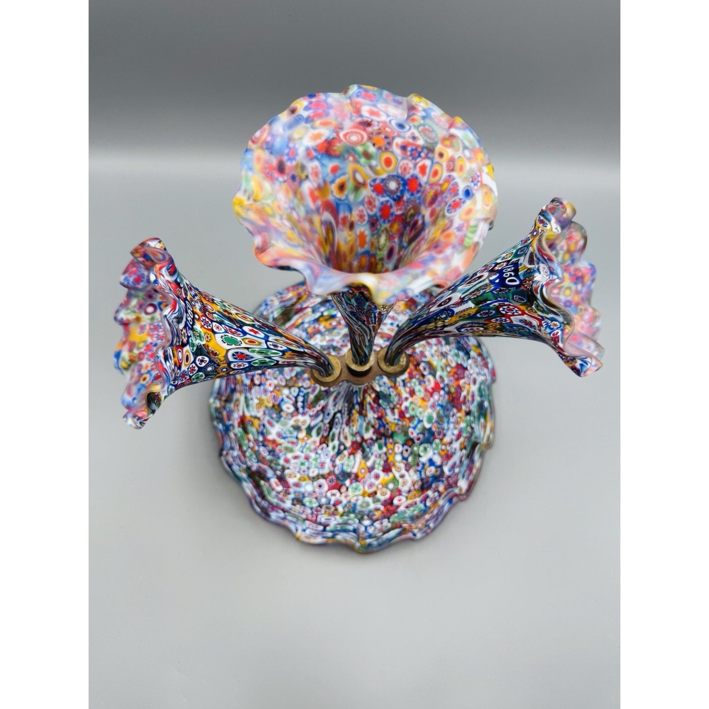 Murano Millefiori Epergne Art Glass 3 Horn Centerpiece Vase 1860 Cane 11.5”