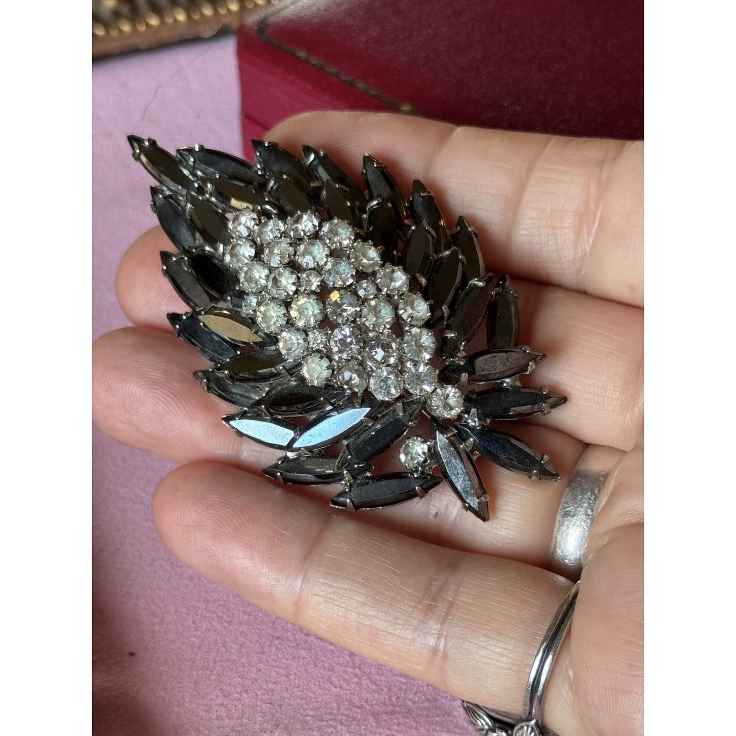 Vintage Black Rhinestone Brooch Clear Crystal Floral Spray Pin 3” Statement