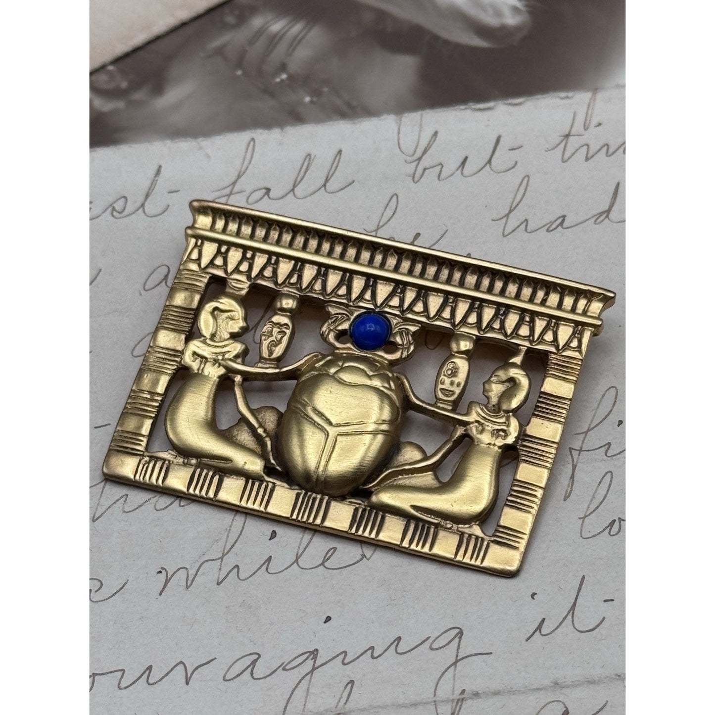 Egyptian Revival Goldtone Scarab Brooch Blue Cabochon 1.75” ESTATE FIND