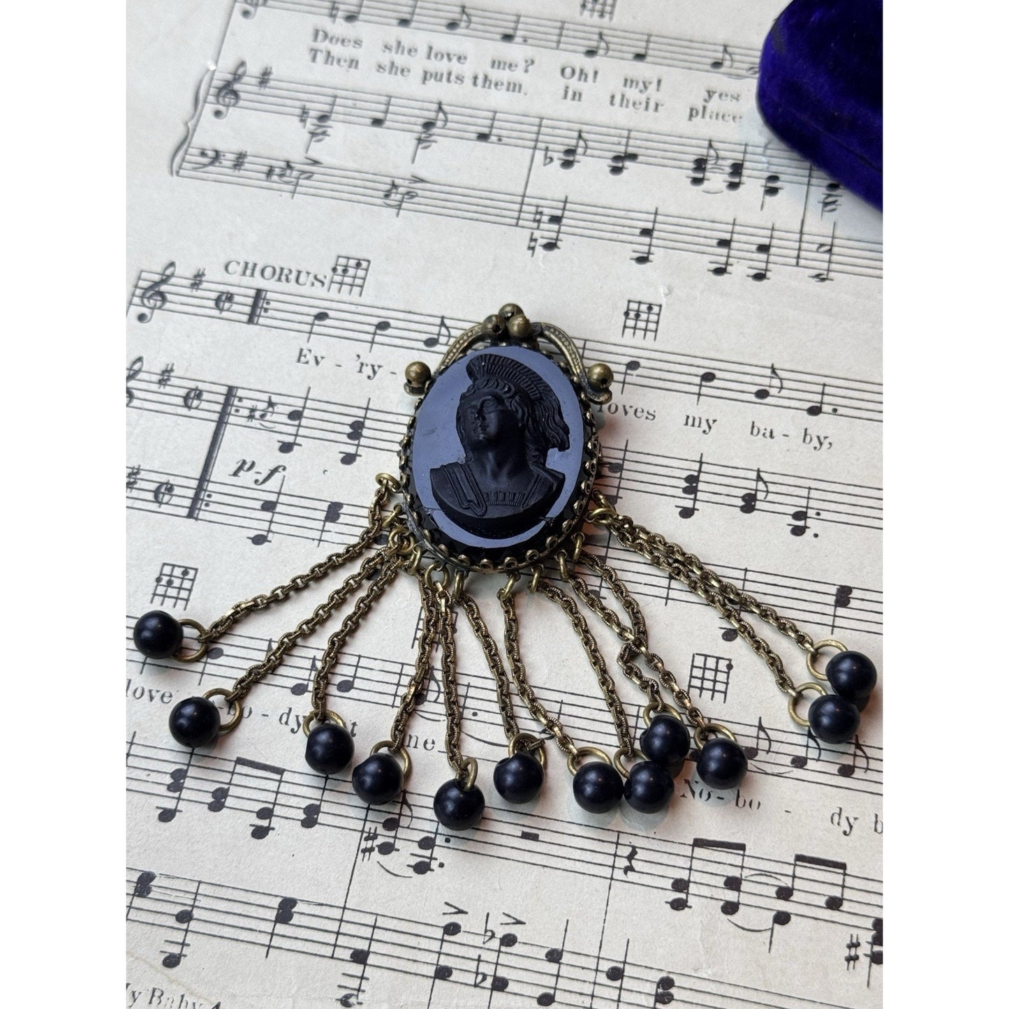 Black Cameo Brooch B Blumenthal & Co Goldtone Dangle Fringe 3.75” DAMAGED!