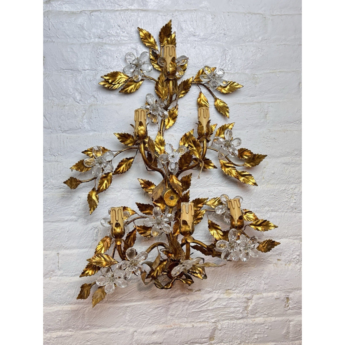 Maison Bagues Style Gilt Tole Wall Sconces Pair 6 Light Crystal Flowers Bow 27”