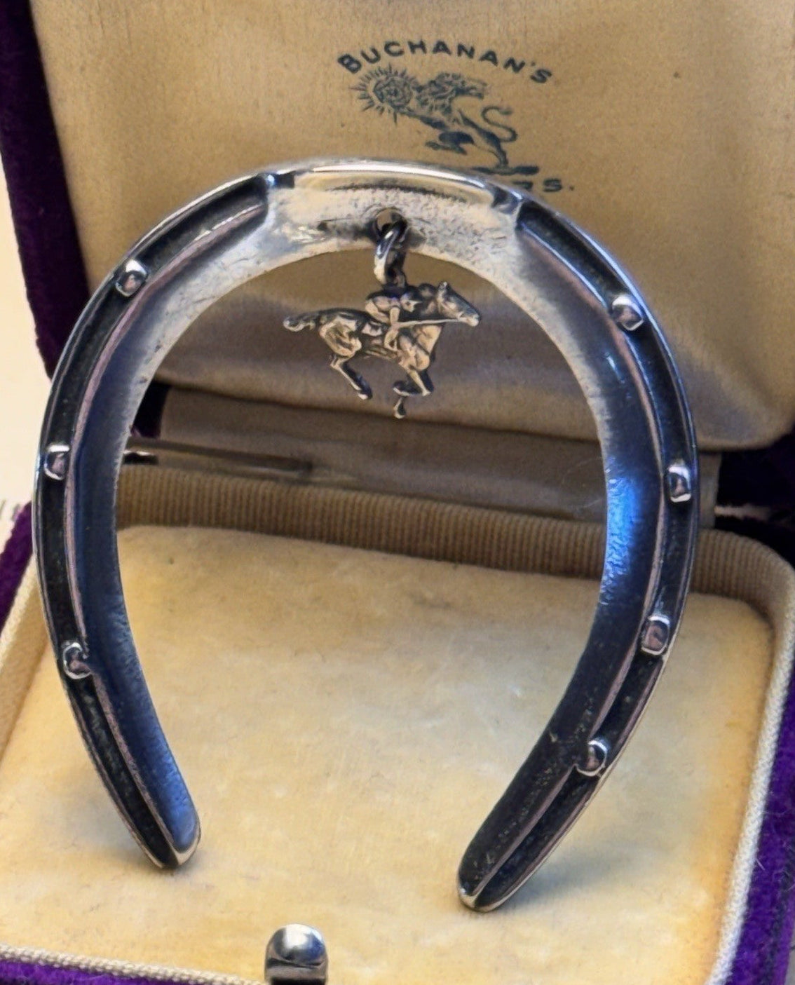 Sterling Brooch Horseshoe Horse Jockey Dangle Equestrian Racing Vintage 2”