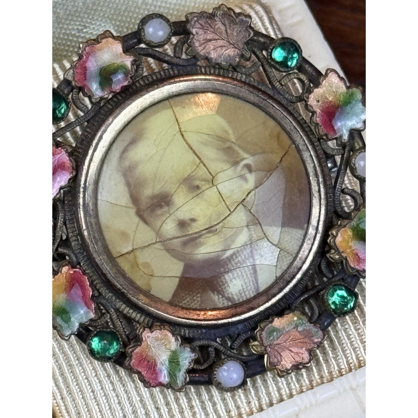 Antique Photo Button Converted Brooch Enamel Rhinestones 1.25” Round