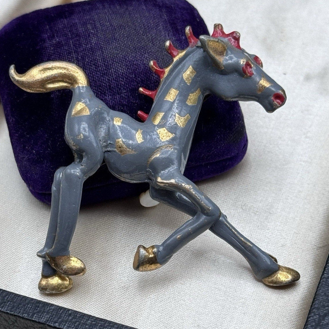 Vintage Horse Brooch Hand Painted Gray Red Gold Enameled Figural Equestrian