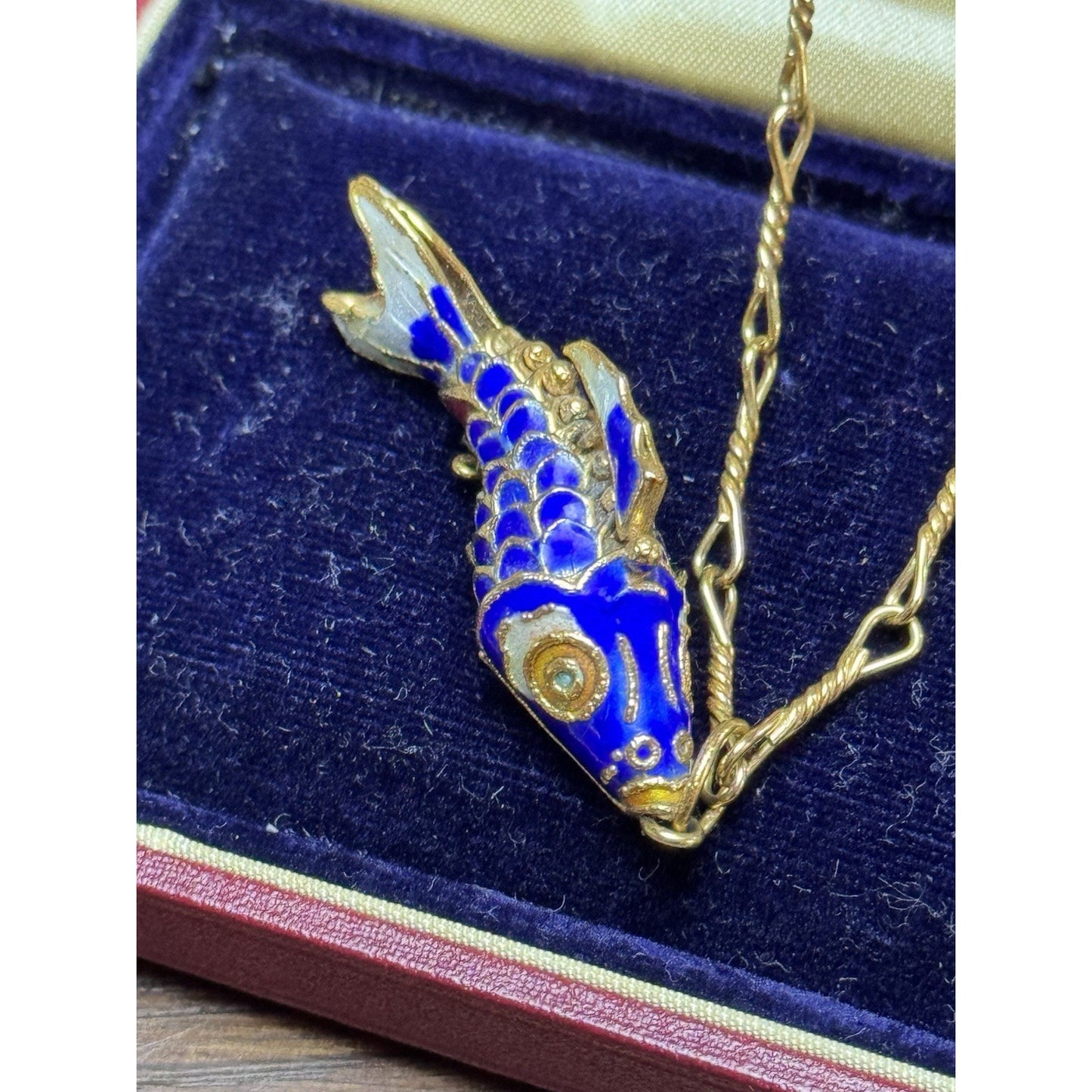 Articulated Koi Fish Pendant Necklace Blue Enamel Goldtone 28” Monet Chain