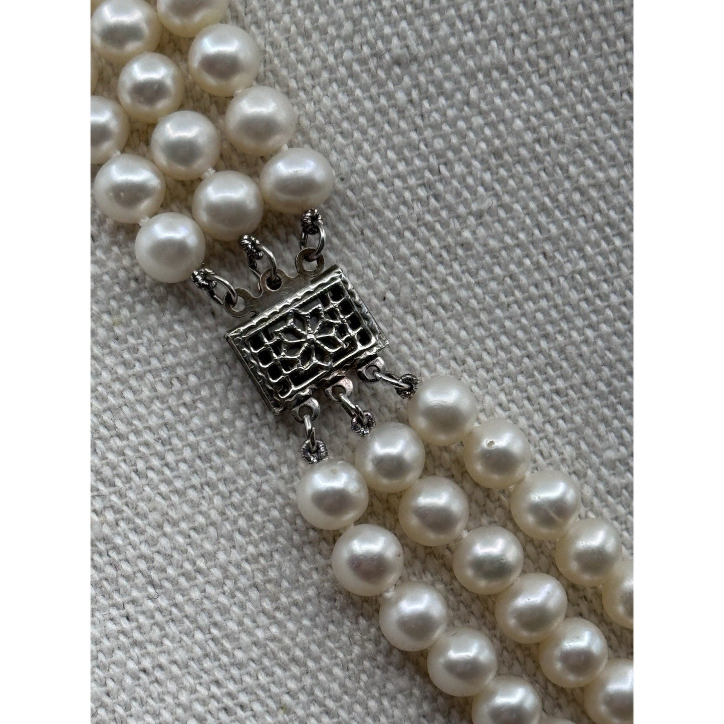 Vintage Cultured Pearl Necklace 3 Strand 16” White Pearls Silvertone Clasp