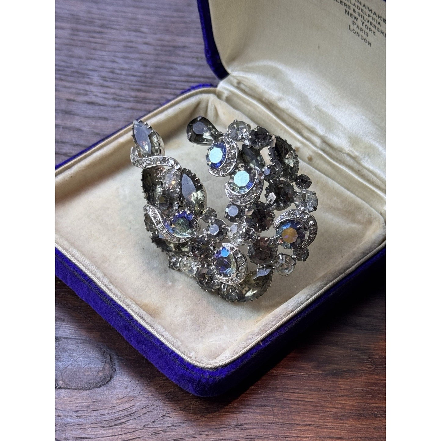 Vintage Rhinestone Brooch 2.5” Smoky Gray Aurora Borealis Crescent Statement
