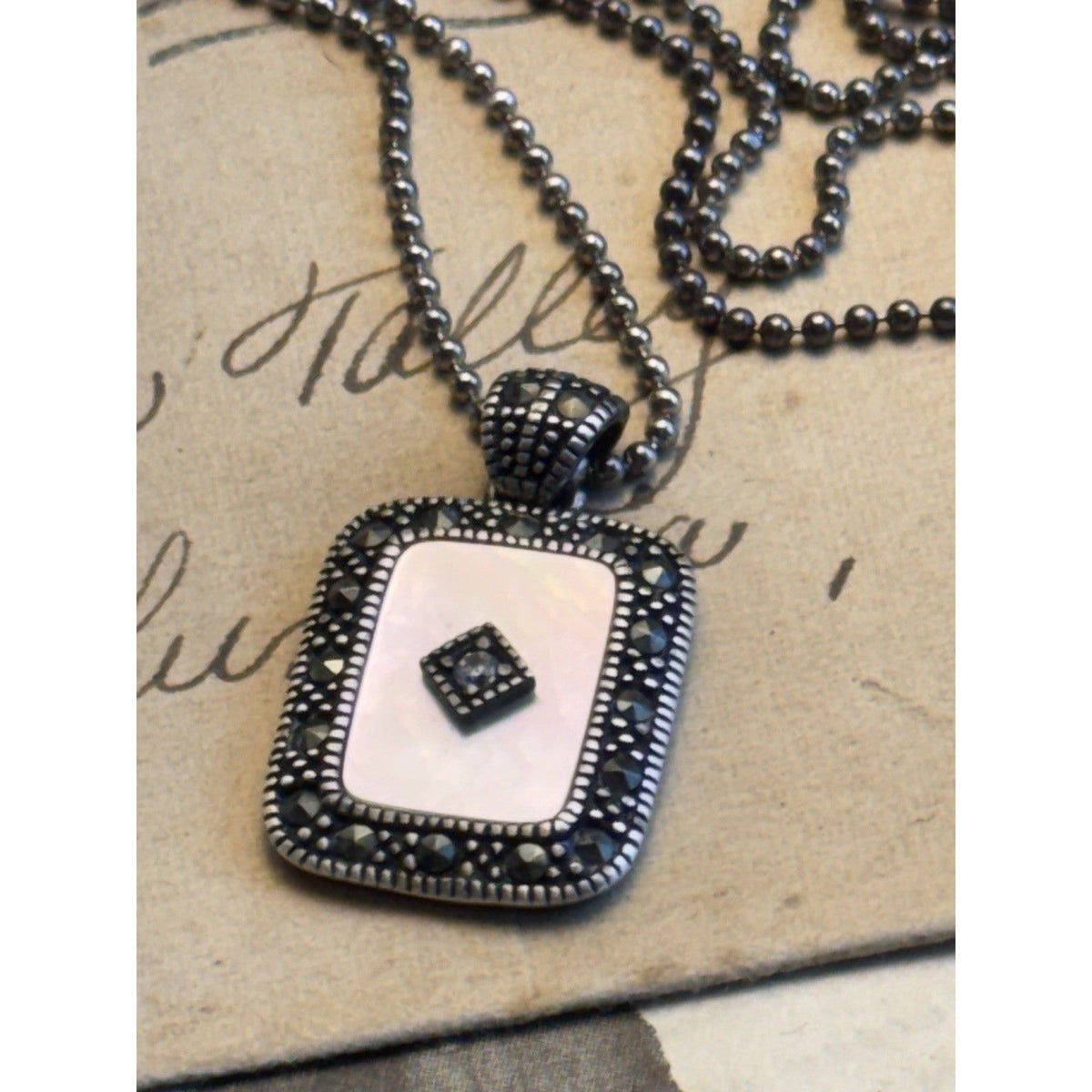 925 Sterling Silver Mother Of Pearl Marcasite Pendant Necklace 23” Ball Chain 1”