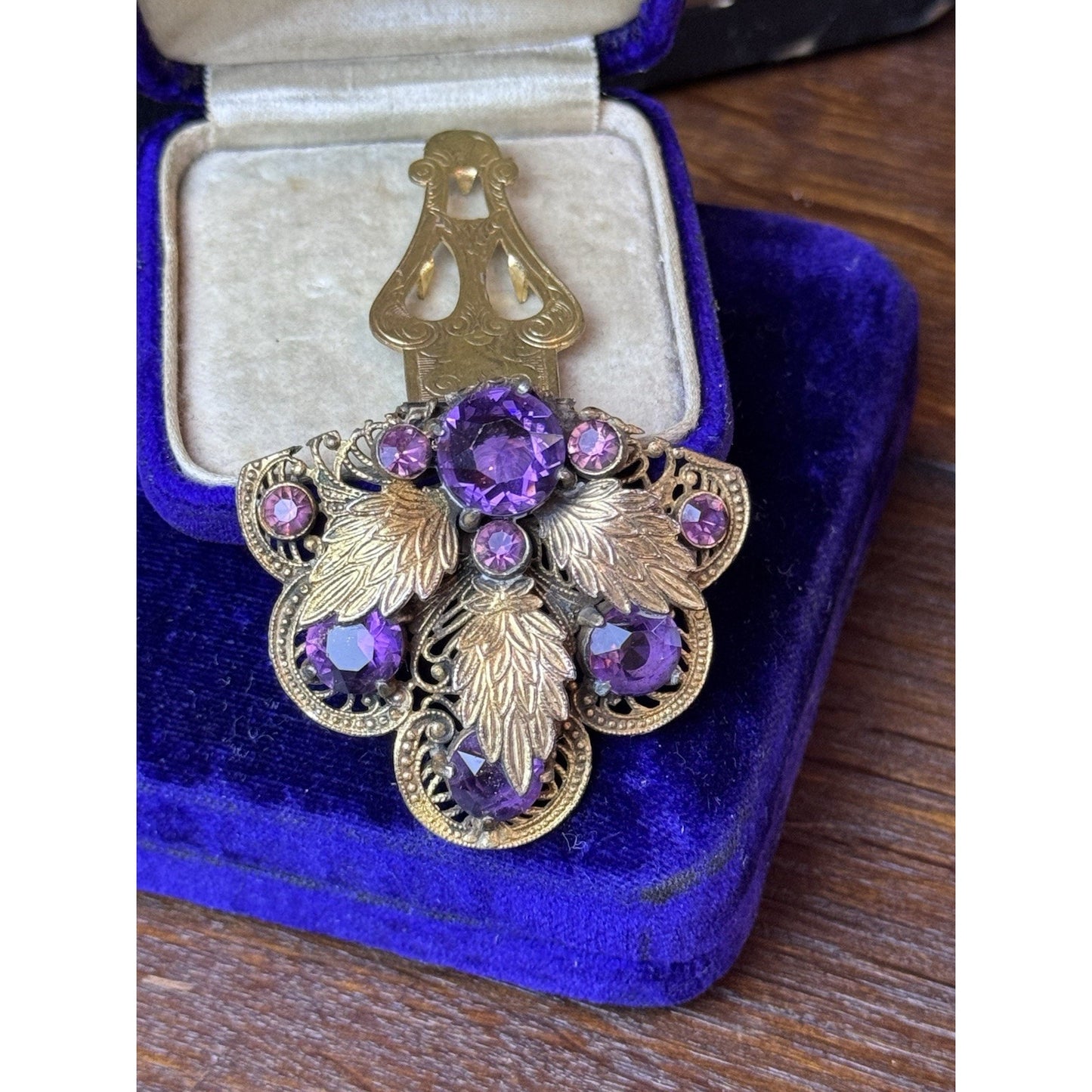 Antique Dress Clip Czech Style Purple Paste Goldtone Filigree Leaf Jewelry 1.75”