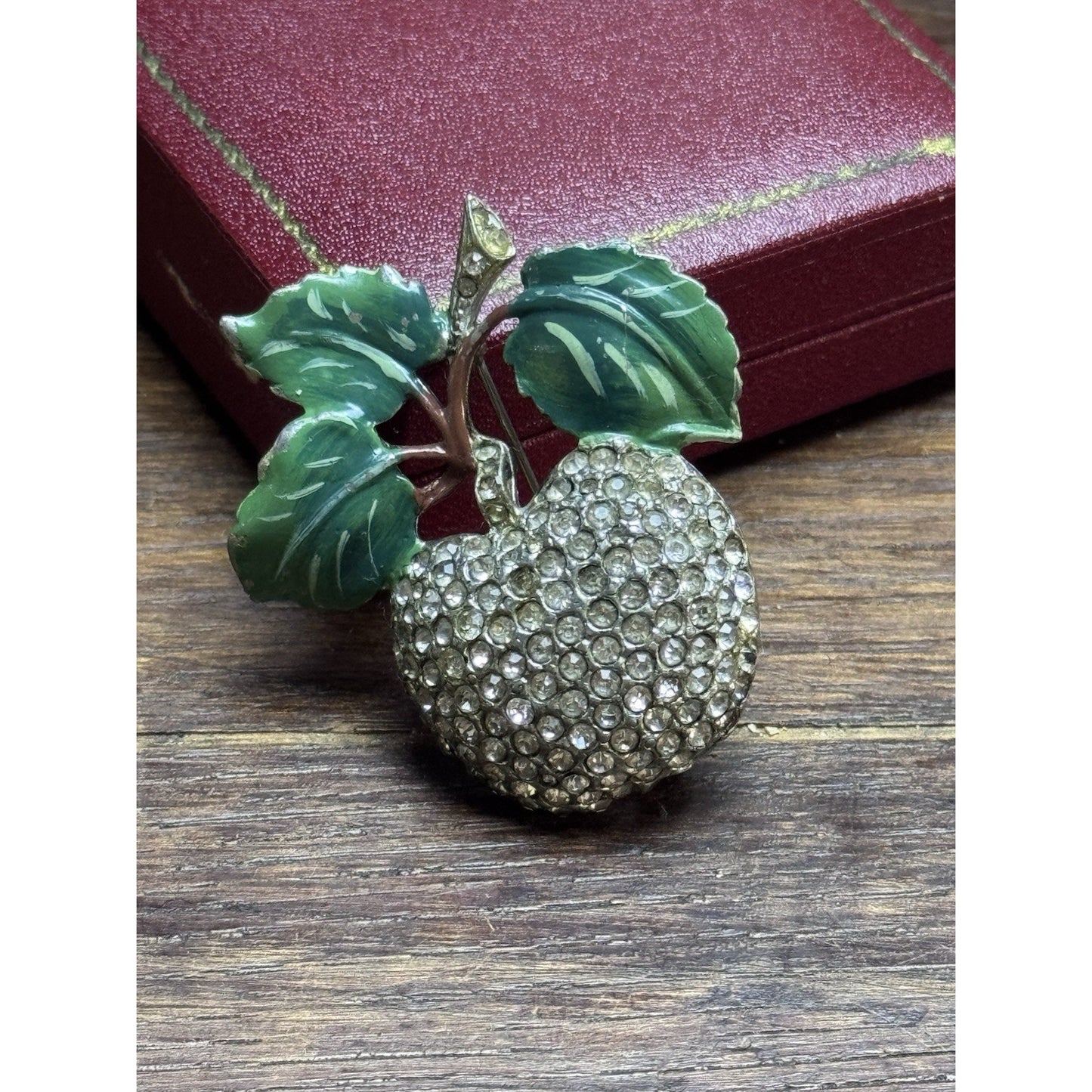 Vintage Rhinestone Apple Brooch Green Enamel Leaves Figural Fruit Pin