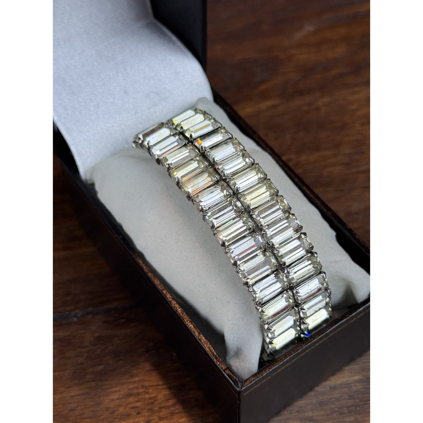 Weiss Rhinestone Cuff Bracelet Baguette Crystal Silvertone Signed 7” VINTAGE