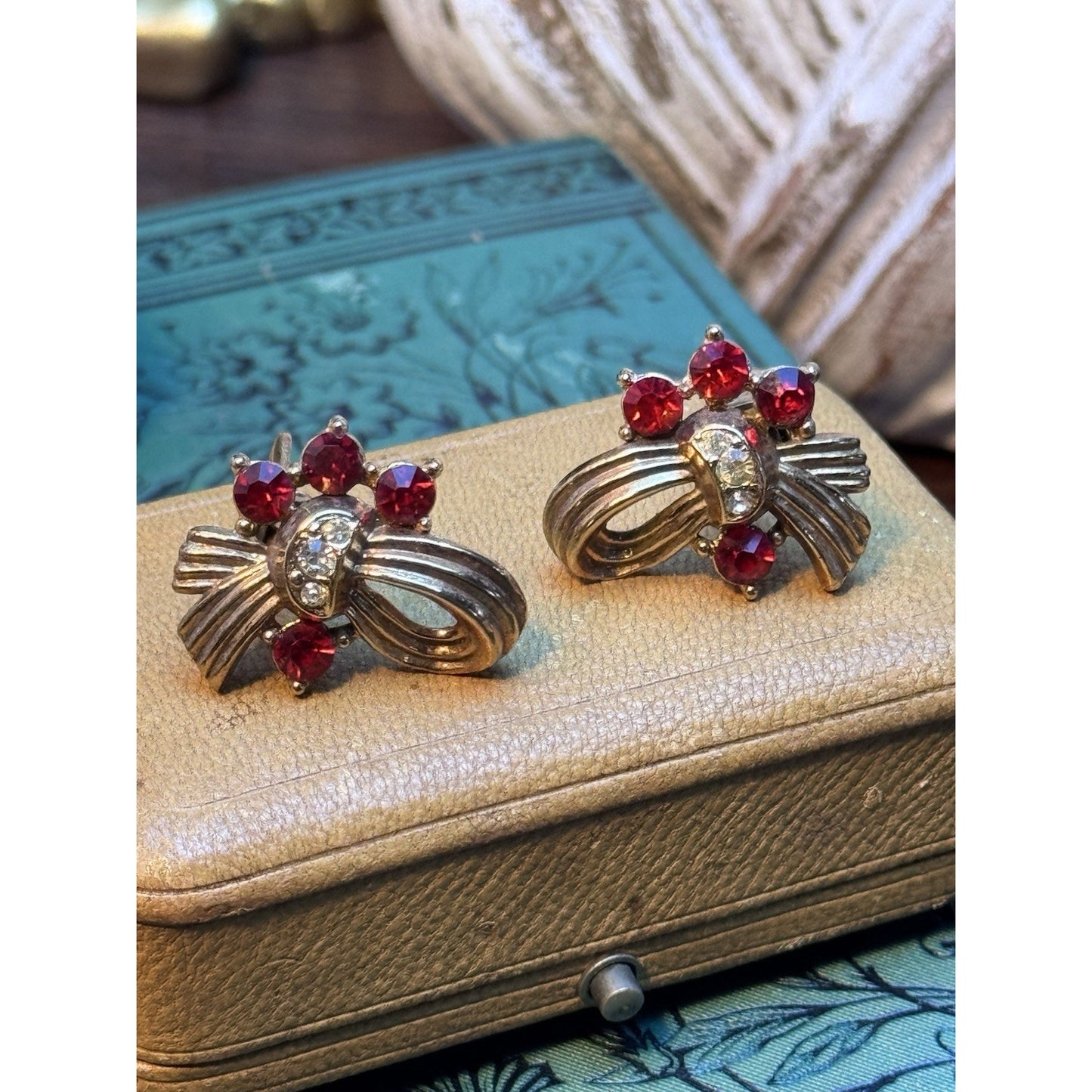 Vintage Ribbon Clip-On Earrings Rose Goldtone Red Clear Rhinestones 1”