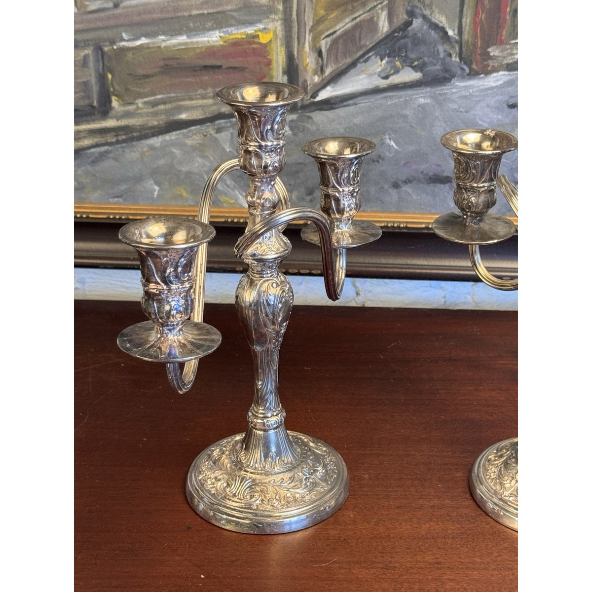 Candelabra Pair Silverplate WM Rogers 3 Light Ornate Floral Scroll Vintage 10”