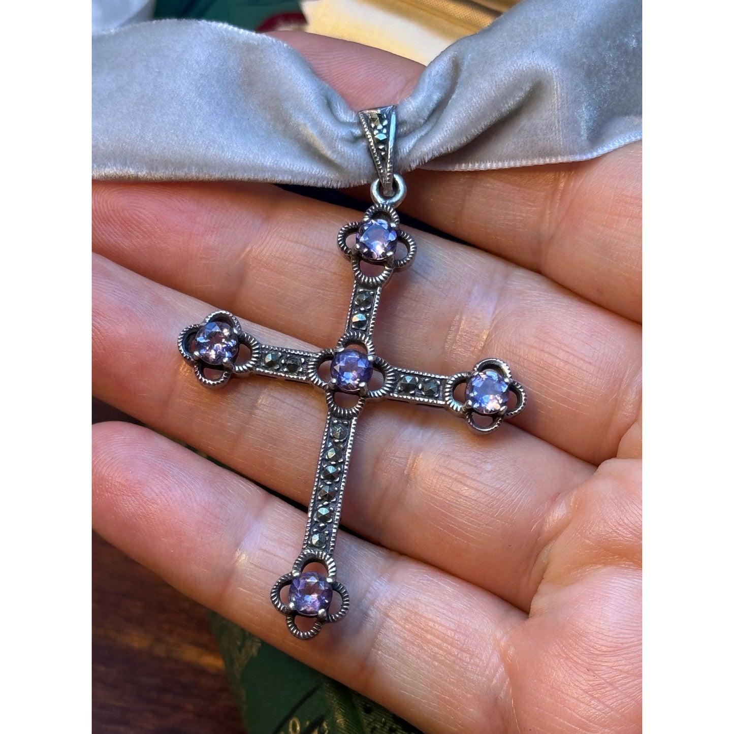 Antique Style Cross Pendant Marcasite Purple Glass Rhinestone Silver Tone 2"
