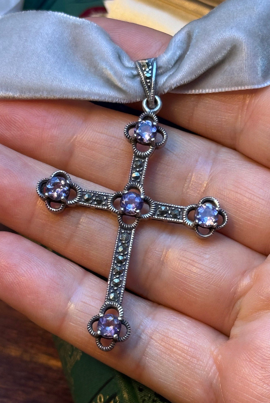 Antique Style Cross Pendant Marcasite Purple Glass Rhinestone Silver Tone 2"