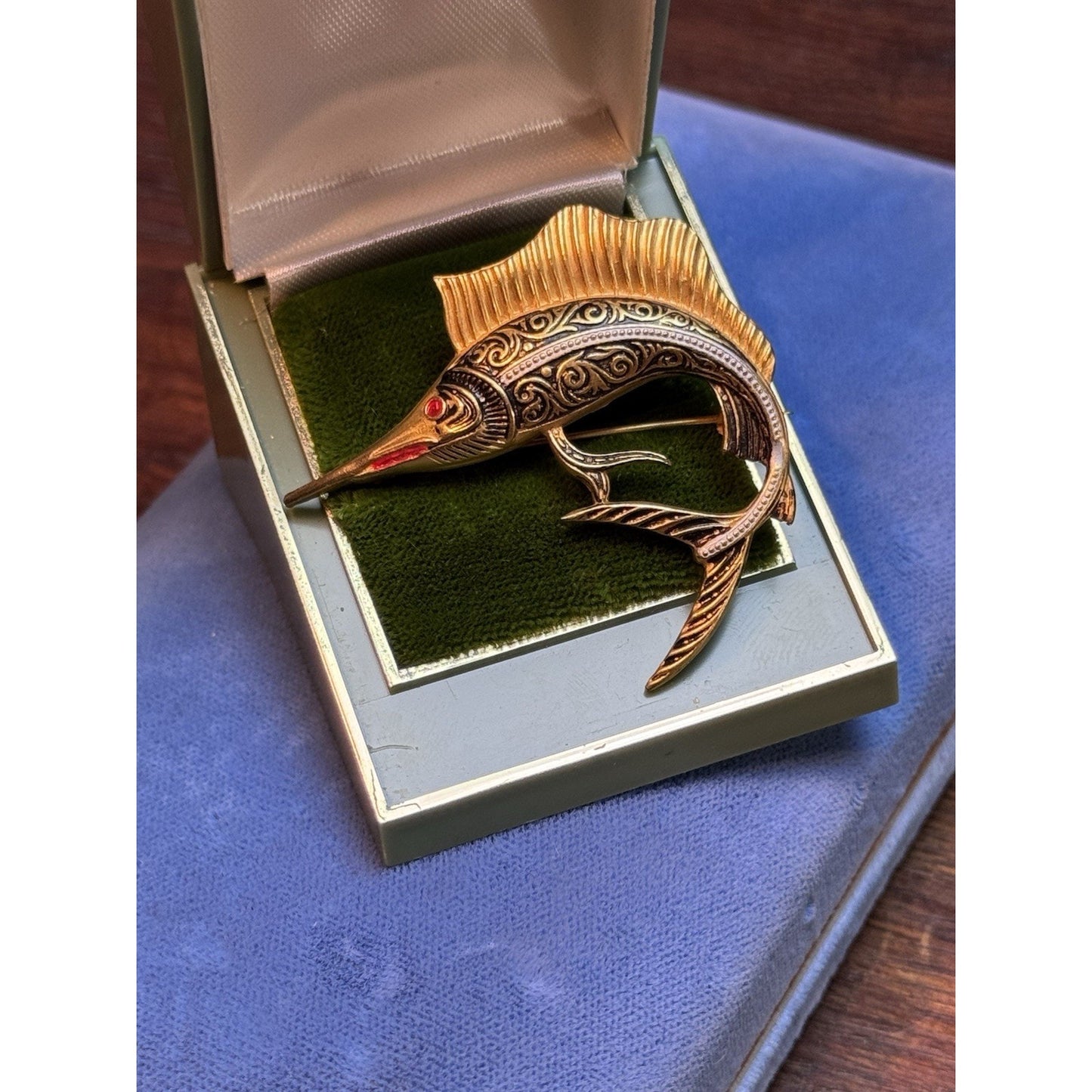 Goldtone Spain Damascene Brooch Pin Enamel Swordfish Marlin Vintage