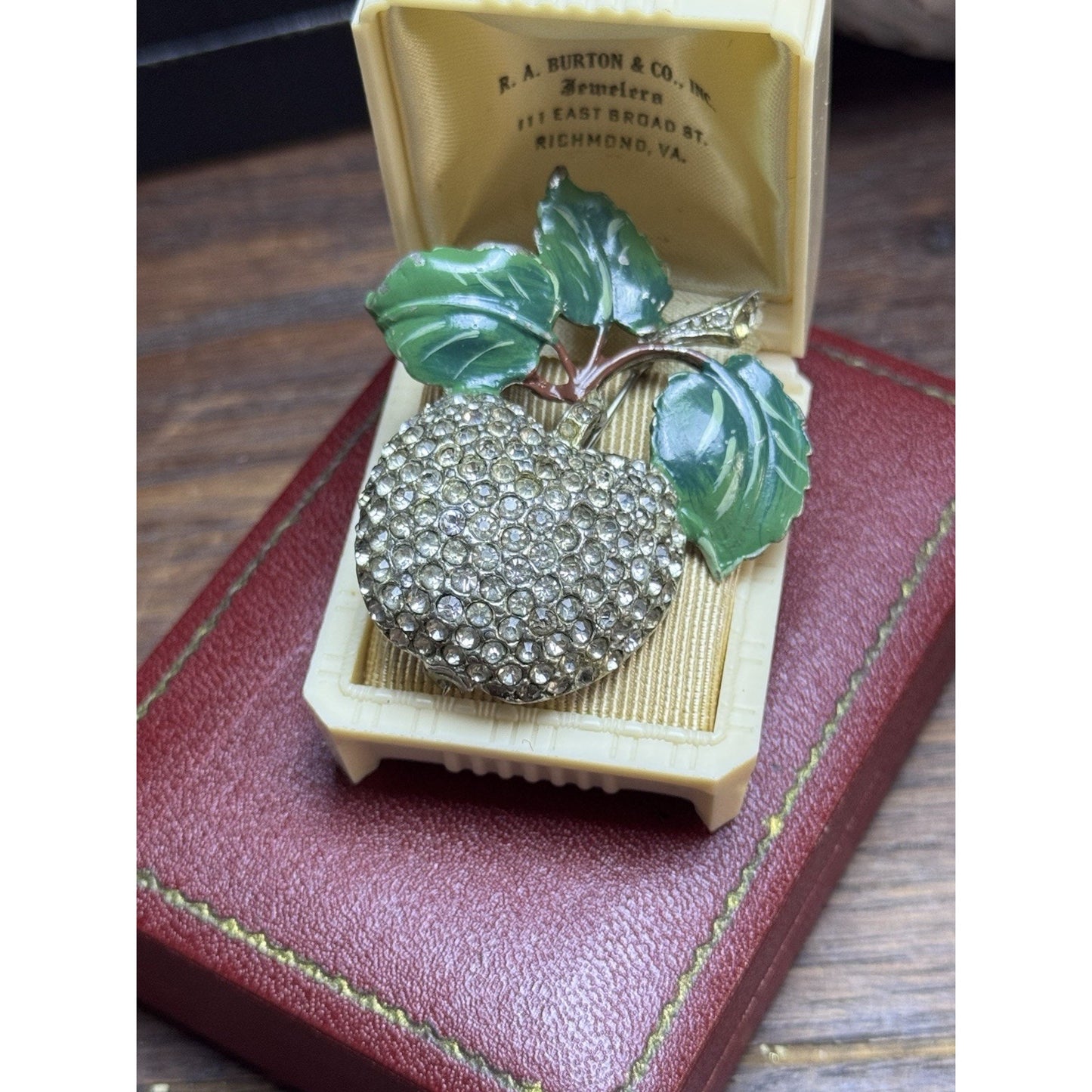 Vintage Rhinestone Apple Brooch Green Enamel Leaves Figural Fruit Pin
