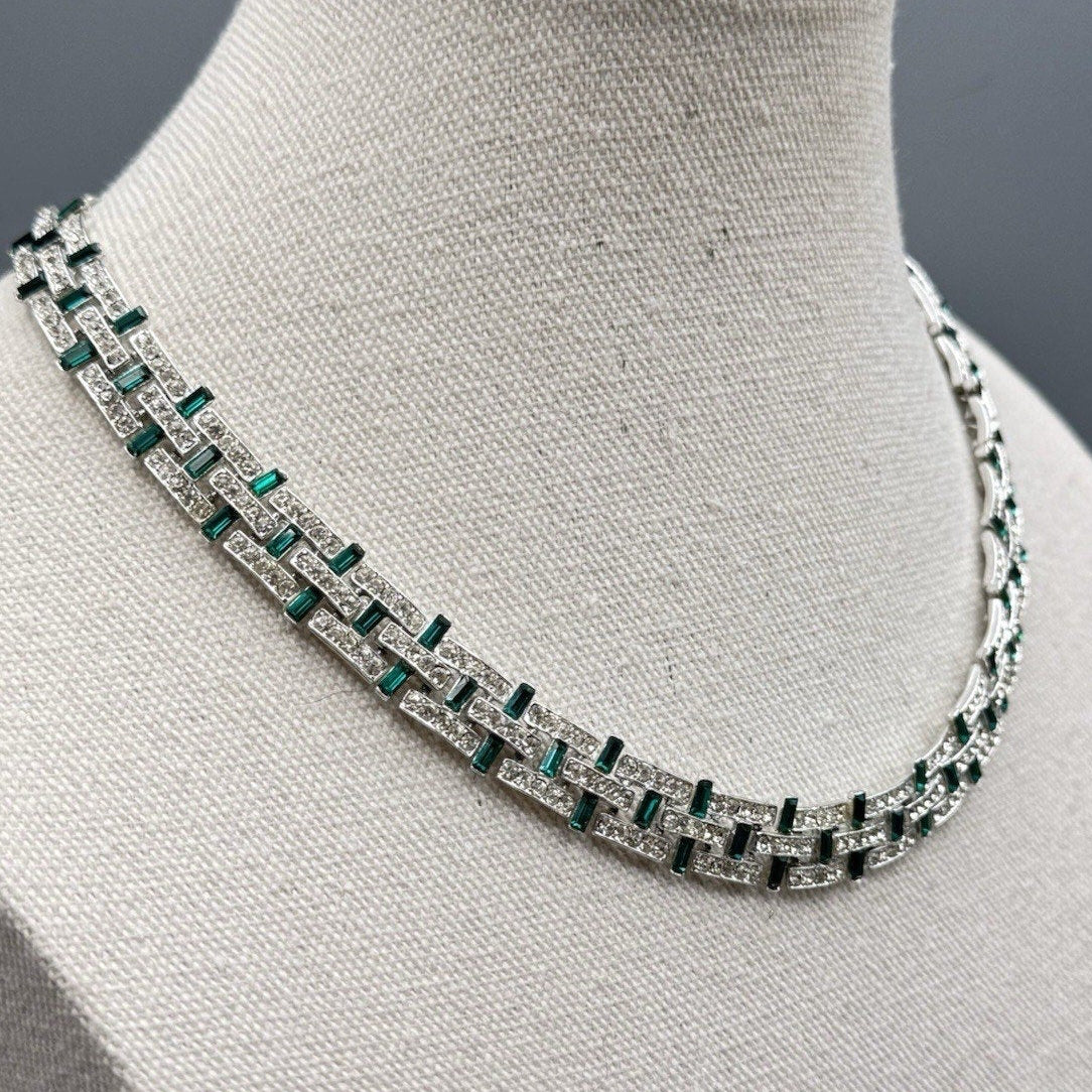 Vintage Necklace Green & Clear Rhinestone Art Deco Style 16.5” Choker