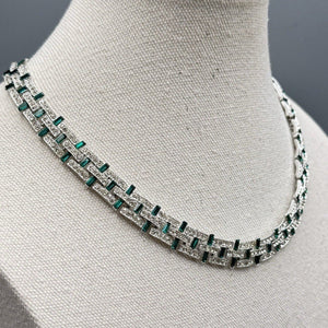 Vintage Necklace Green & Clear Rhinestone Art Deco Style 16.5” Choker