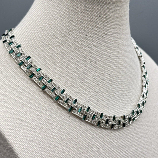 Vintage Necklace Green & Clear Rhinestone Art Deco Style 16.5” Choker