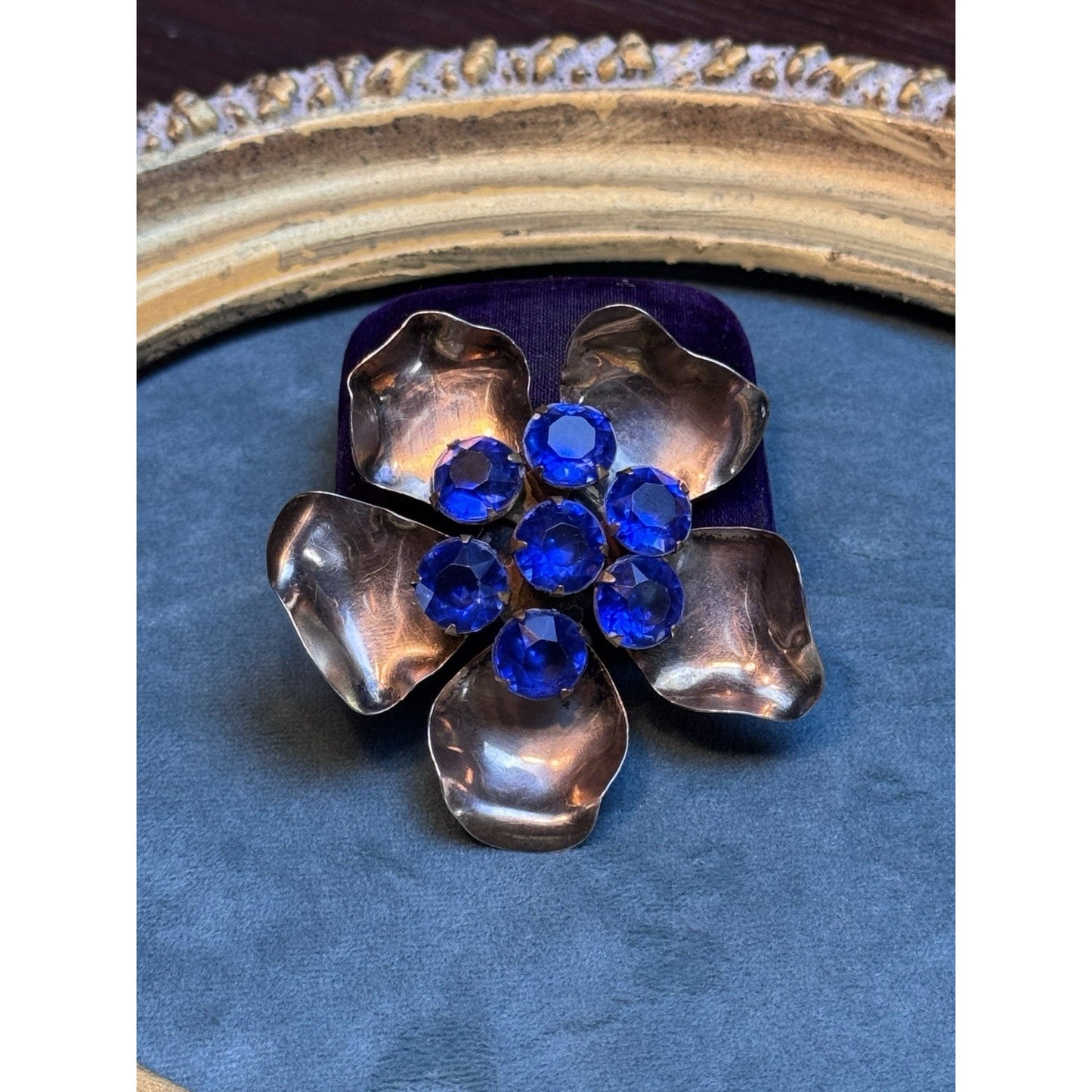 Vintage Sterling Vermeil Flower Brooch With Cobalt Blue Rhinestones