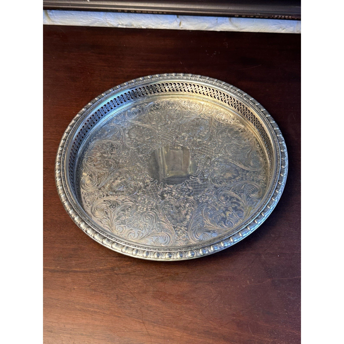 Silverplate Gallery Tray Chased Floral Shell Reticulated Edge Serving 12.5”