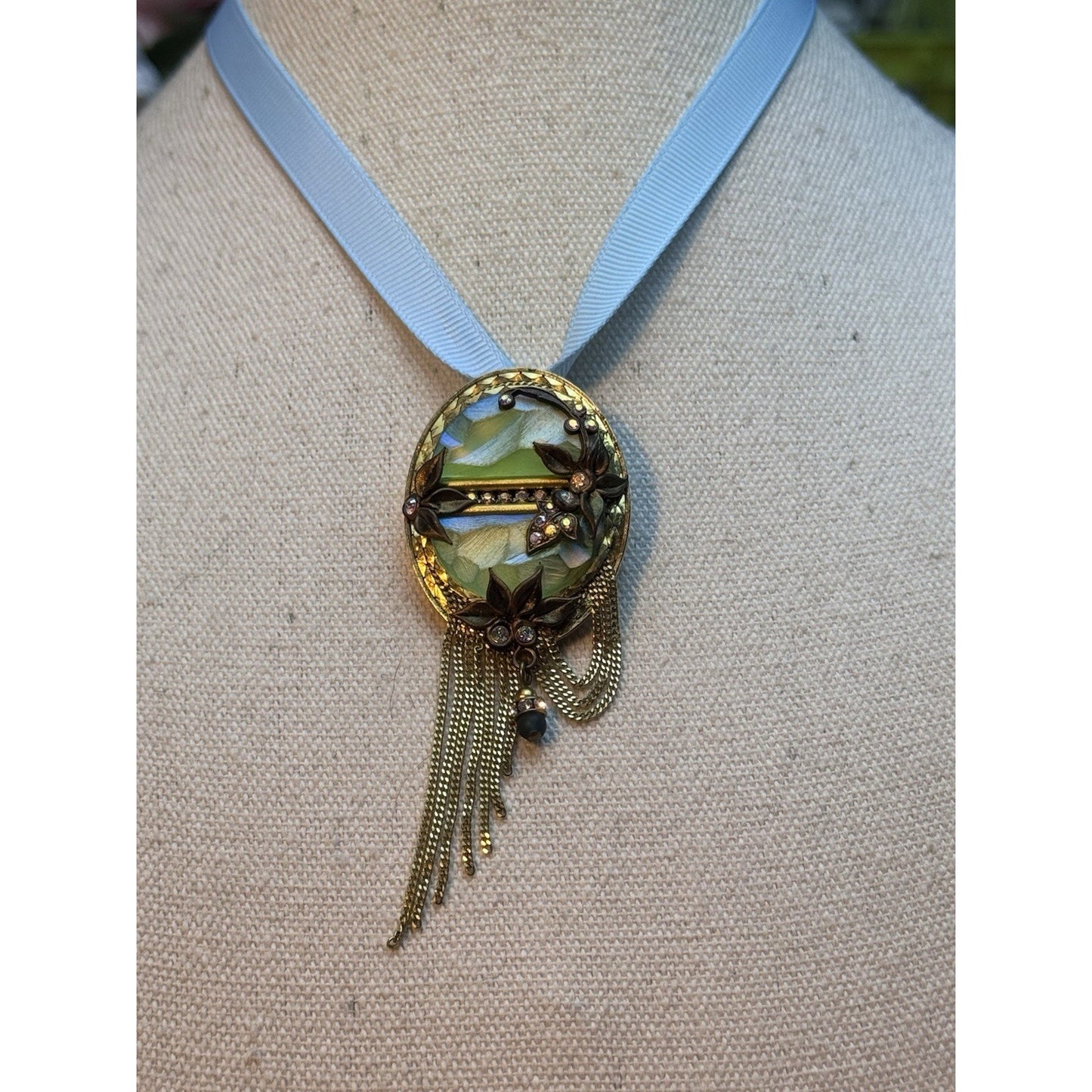 MARENA Germany Brooch Pendant Art Nouveau Revival Tassel Rhinestone Goldtone
